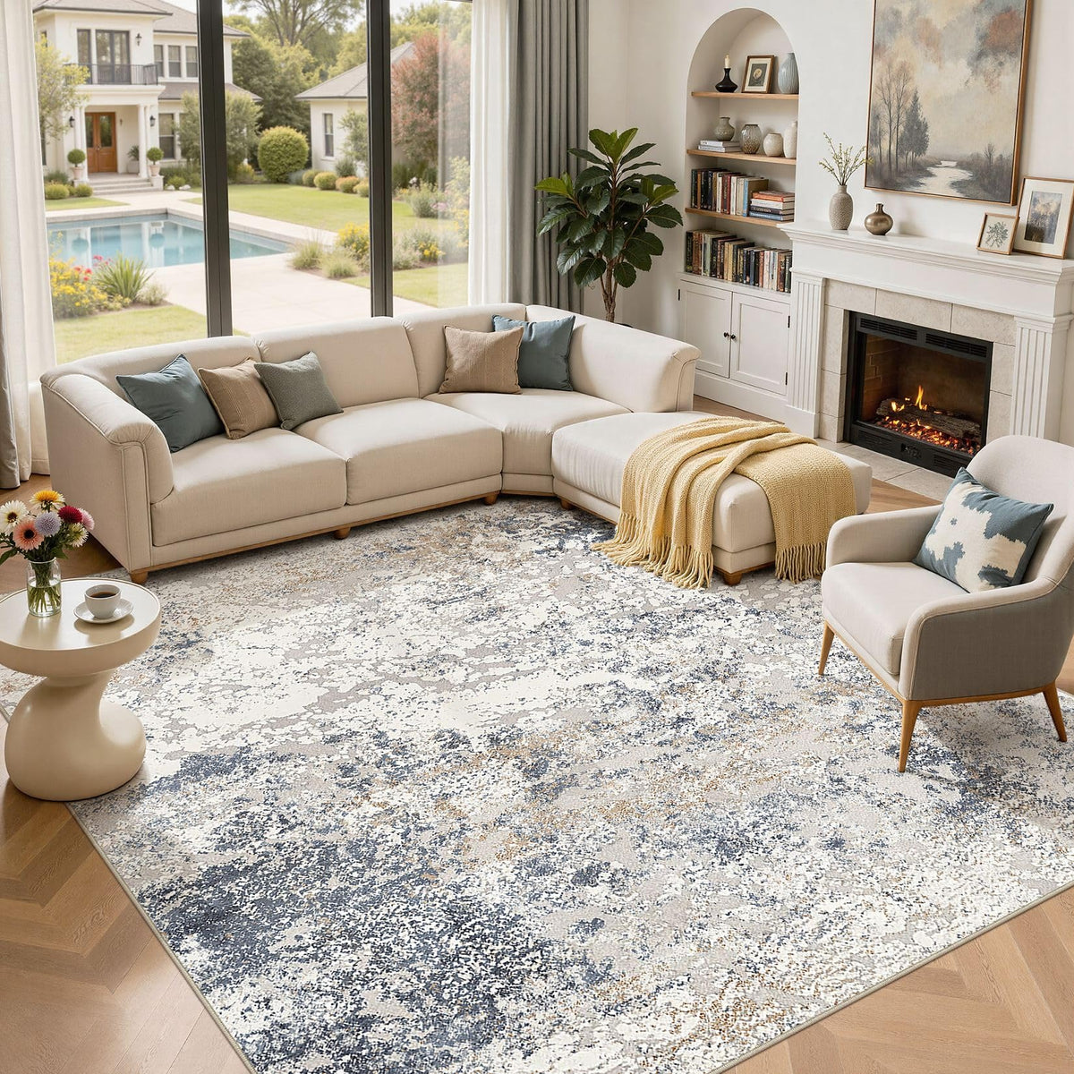 DMOYEST Area Rug Living Room Rugs 5x7 Washable Abstract Beige Blue Carpet