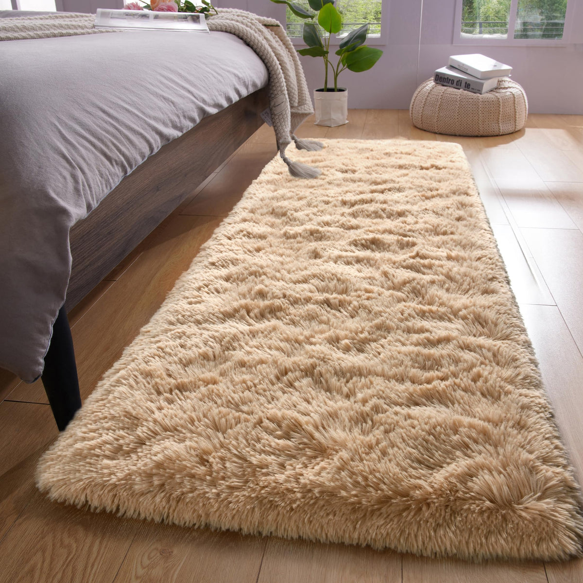 YJ.GWL Shag Runner Rug Non Slip for Bedroom Living Room Soft Small Rugs for Dorm, 2x6 Feet Grey Plush Carpet Runner for Nursery Dorm, Fuzzy Bedside Rug for Kids Boys Girls Room Home Decor
