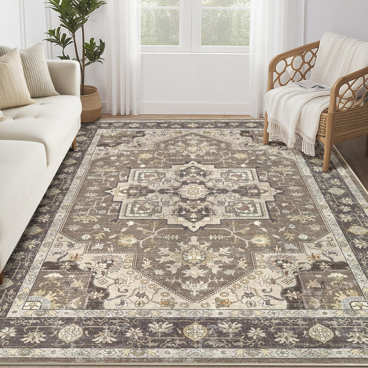 Vintage 9x12 Washable Area Rugs for Living Room, Non Slip, Brown