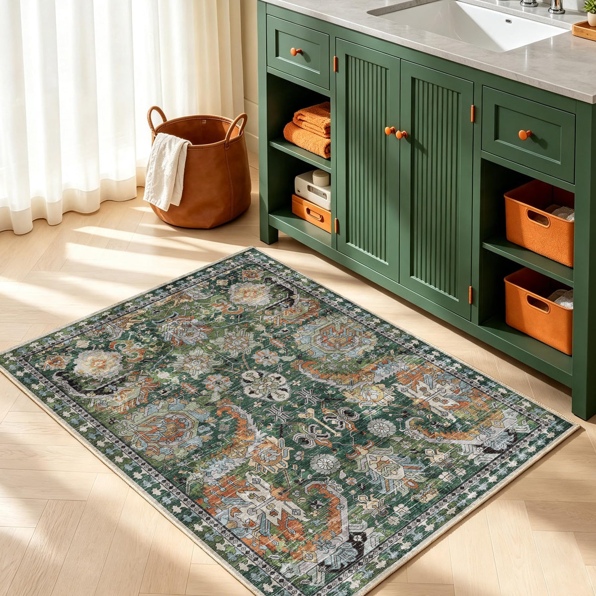 RUGSURE Washable Area Rug - 1/6 Thick - Stain & Water Resistant Non-Slip - Resistant Rug for Living Room, Bedroom, Nursery, Pet & Child Friendly, Vintage Charm Area Rugs (Grey+LightTeal, 3' x 5 ')