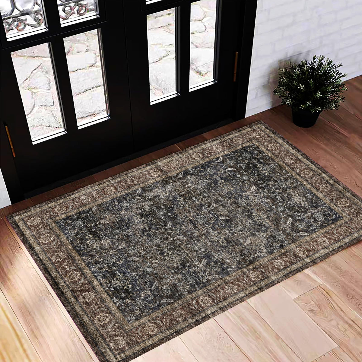 CHAMPLANT Area Rug 4x6 Washable Rug Gray Vintage Traditional Floor Cover Foldable Thin Retro Accent Indoor Distressed Non Slip Carpet Floral Print Mat Bedroom Living Room Bathroom