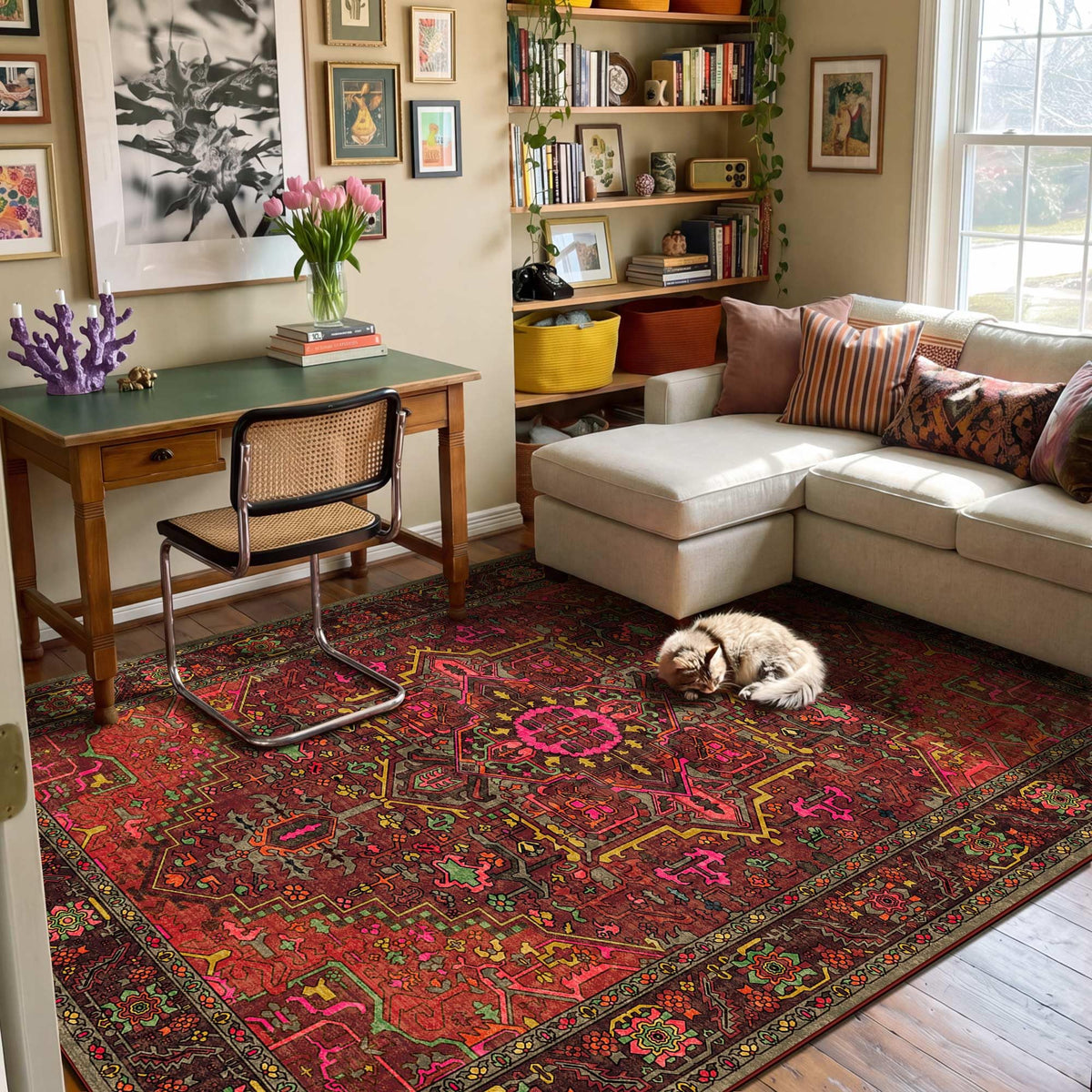 Kokia 9x12 Washable Area Rugs Maroon with Vintage Orient Design, Soft Rug for Living Room or Bedroom, Non-Slip Low Pile Stain Resistance Features, Distressed Medallion Pattern