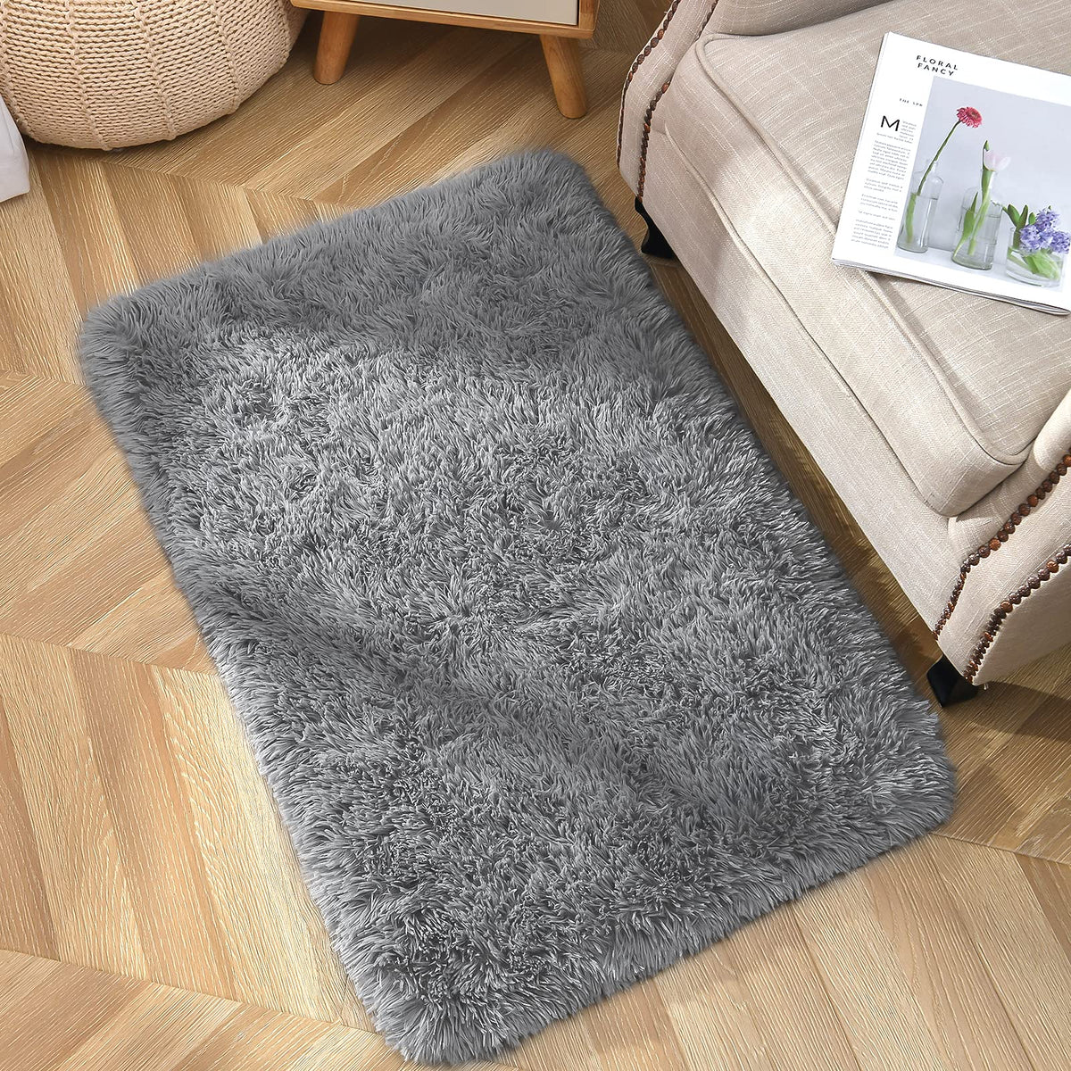 YJ.GWL Shag Runner Rug Non Slip for Bedroom Living Room Soft Small Rugs for Dorm, 2x6 Feet Grey Plush Carpet Runner for Nursery Dorm, Fuzzy Bedside Rug for Kids Boys Girls Room Home Decor