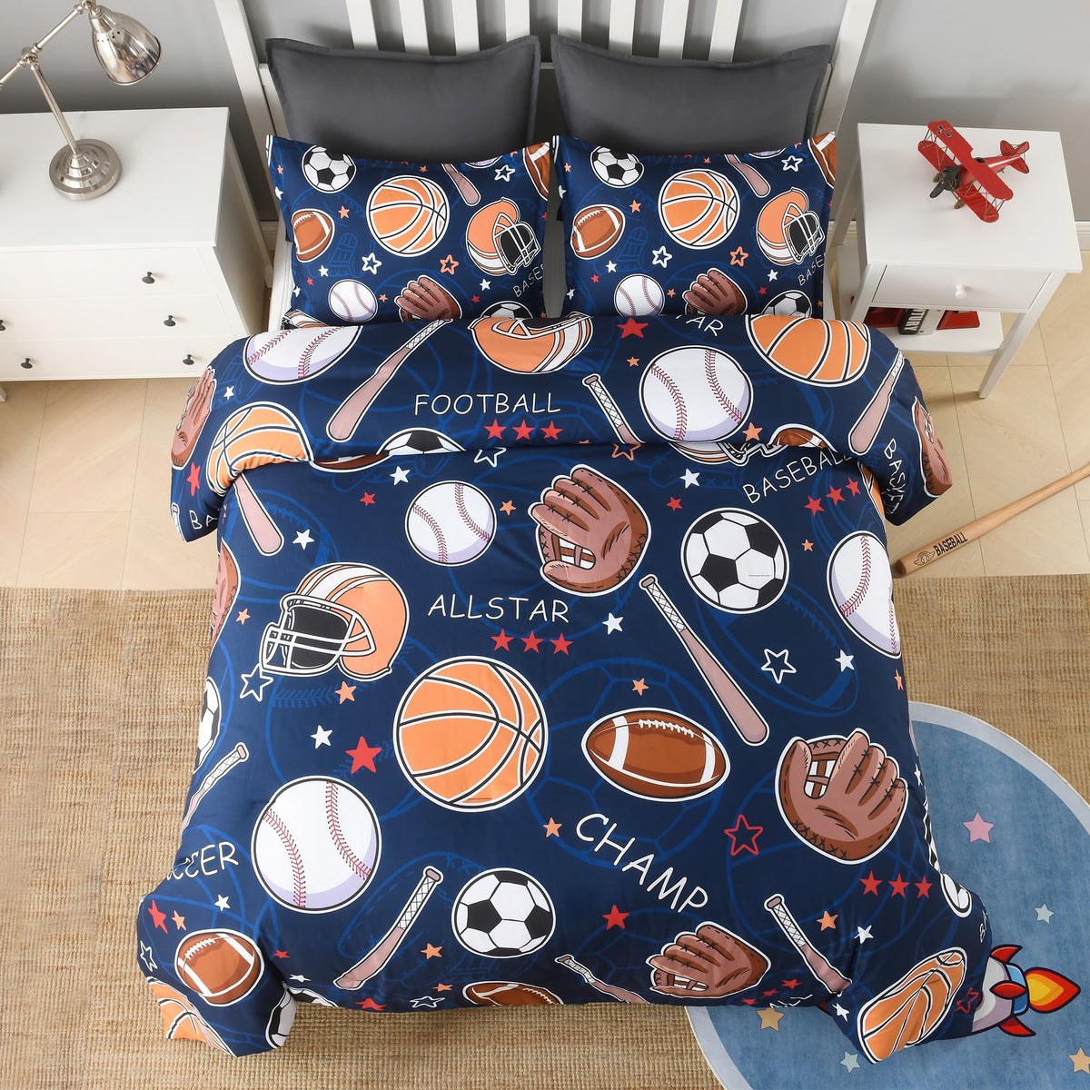 Andency Soccer Comforter Twin(66x90 Inch), 2 Pieces(1 Soccer Comforter, 1 Pillowcase) Blue Flame Soccer Comforter Set Sport Microfiber Bedding Set for Boy Girl Kids, Teen