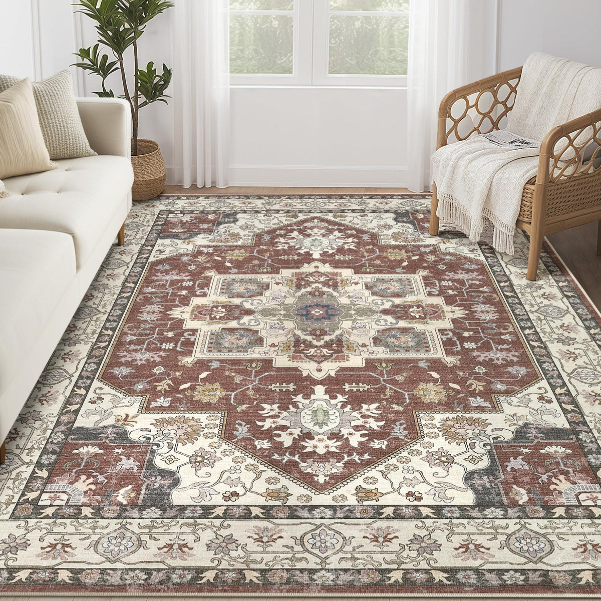 Vintage 9x12 Washable Area Rugs for Living Room, Non Slip, Brown