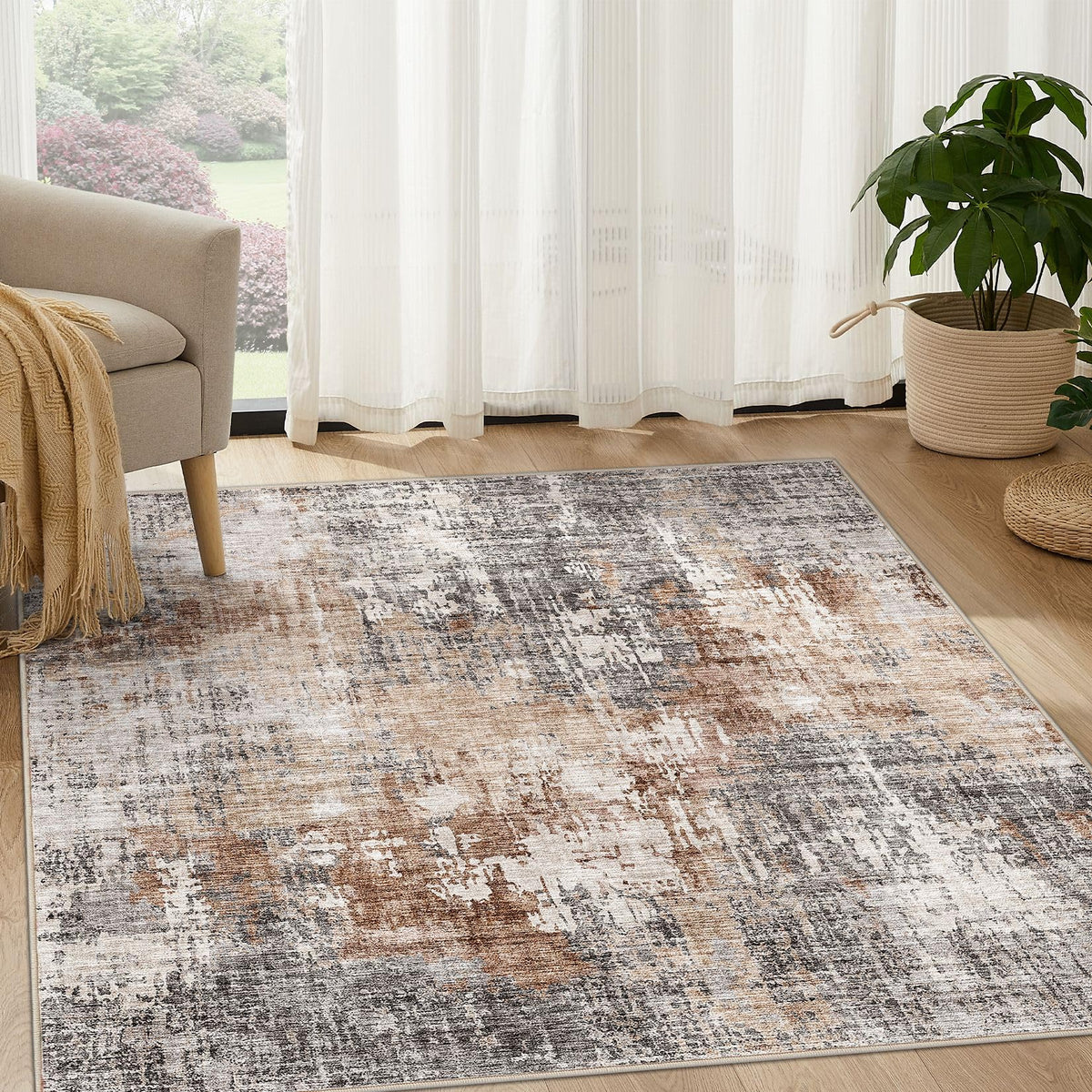 DMOYEST Area Rug Living Room Rugs 5x7 Washable Abstract Beige Blue Carpet