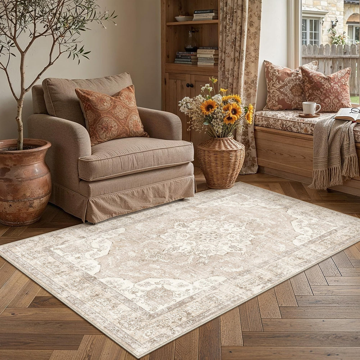 PureCozy 5x7 Beige Area Rug for Living Room Vintage Distressed