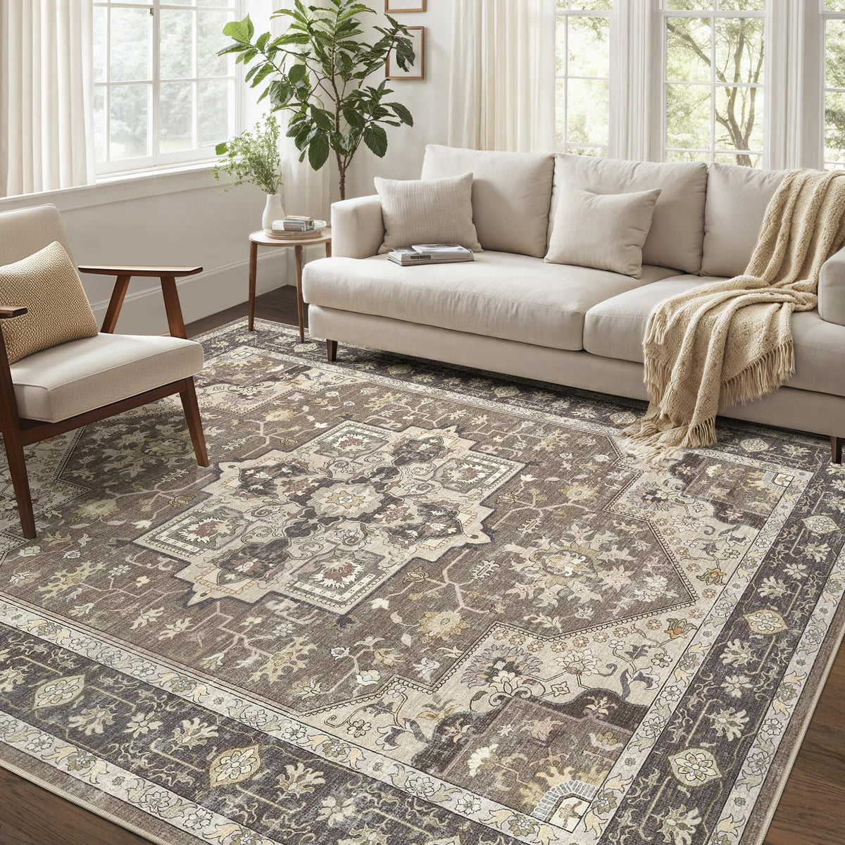Vintage 9x12 Washable Area Rugs for Living Room, Non Slip, Brown