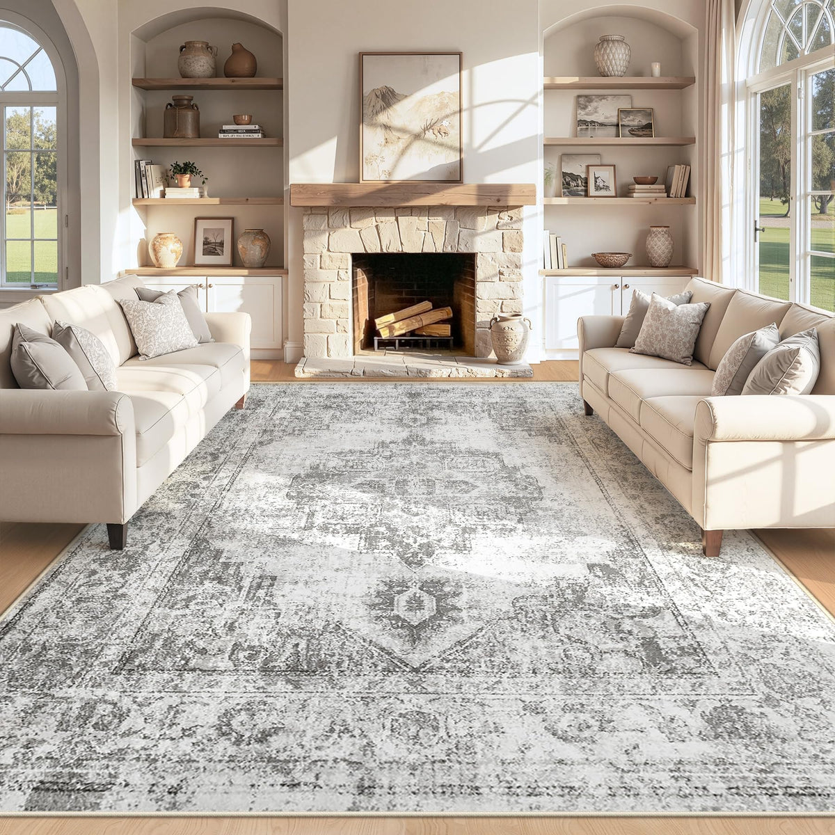 Area Rug 5x7 Vintage Rug: Washable Indoor Medallion Rugs Low Pile Distressed Floor Carpet Retro Accent Rug for Living Room Bedroom Kitchen Dining Table Home Office(Beige, 5'x7')