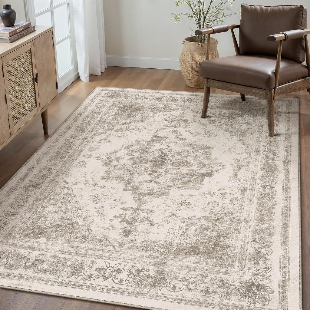 PureCozy Beige Area Rug 5x7 Vintage Farmhouse Floral