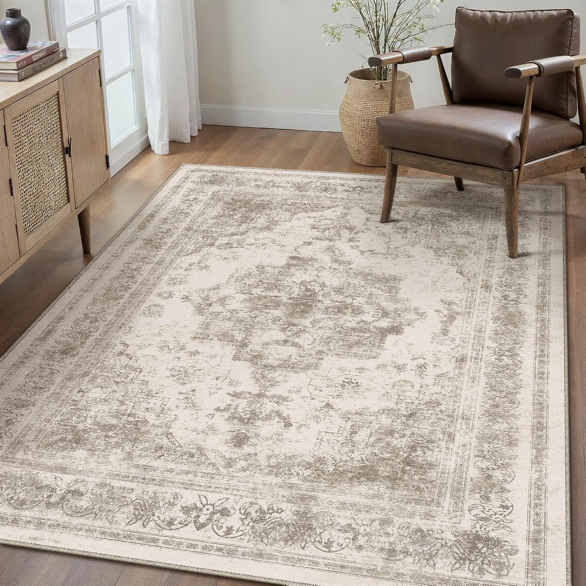 PureCozy Beige Area Rug 5x7 Vintage Farmhouse Floral