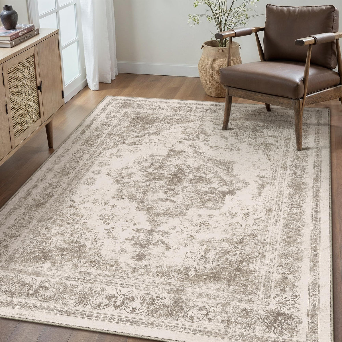 PureCozy Beige Area Rug 5x7 Vintage Farmhouse Floral
