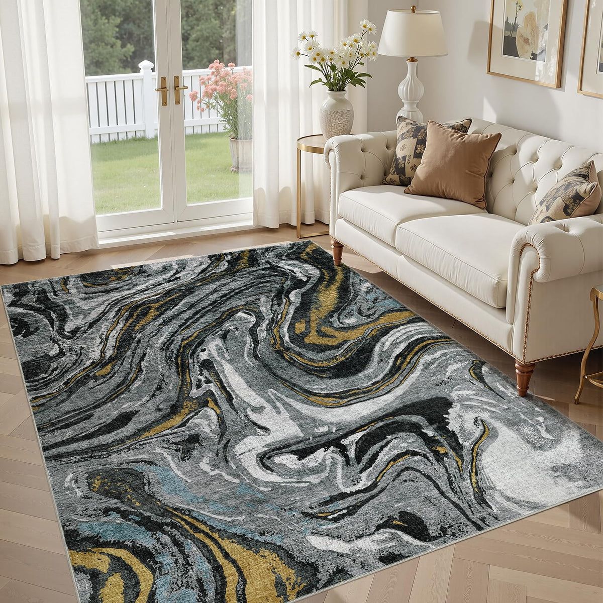 DMOYEST Area Rug Living Room Rugs 5x7 Washable Abstract Beige Blue Carpet