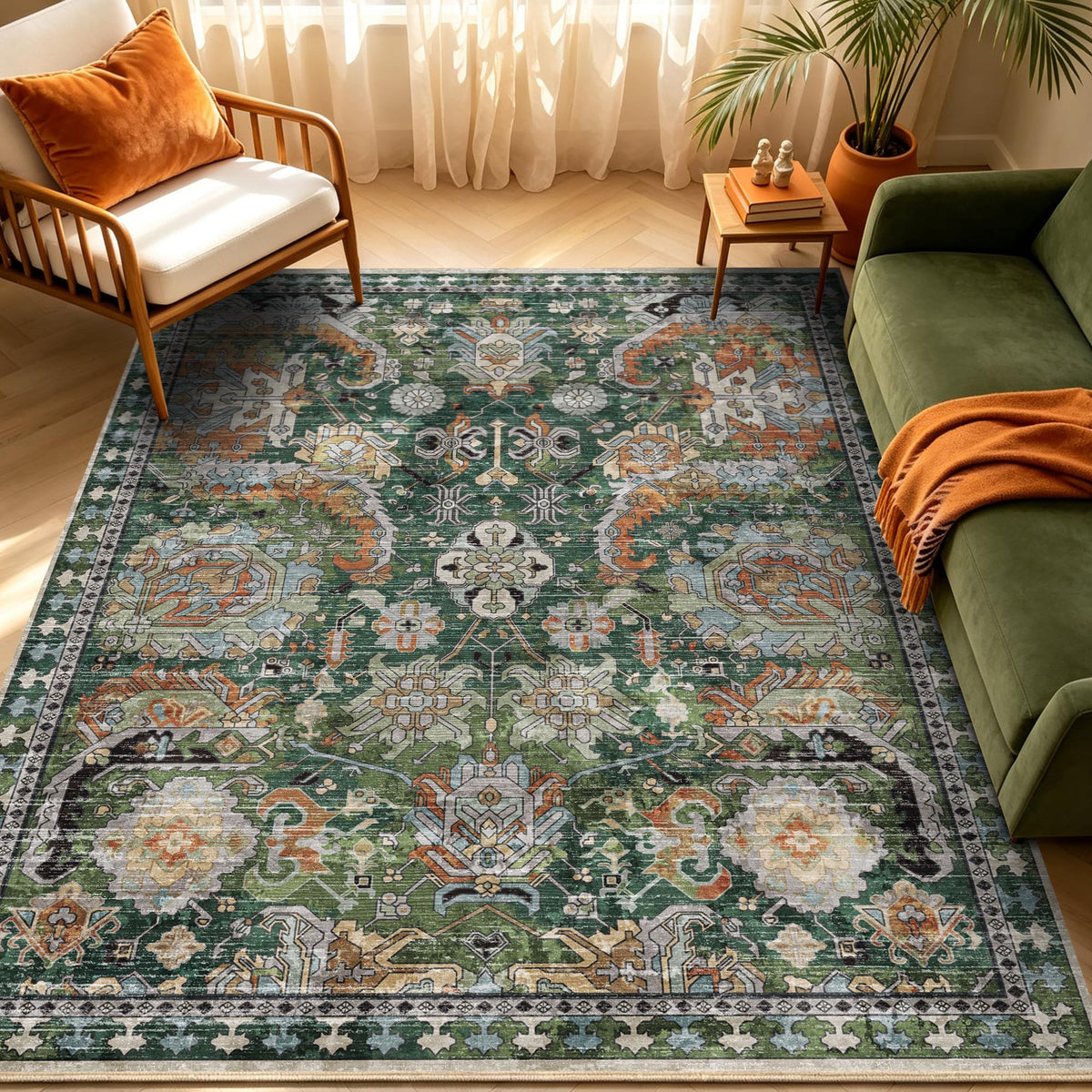 RUGSURE Washable Area Rug - 1/6 Thick - Stain & Water Resistant Non-Slip - Resistant Rug for Living Room, Bedroom, Nursery, Pet & Child Friendly, Vintage Charm Area Rugs (Grey+LightTeal, 3' x 5 ')