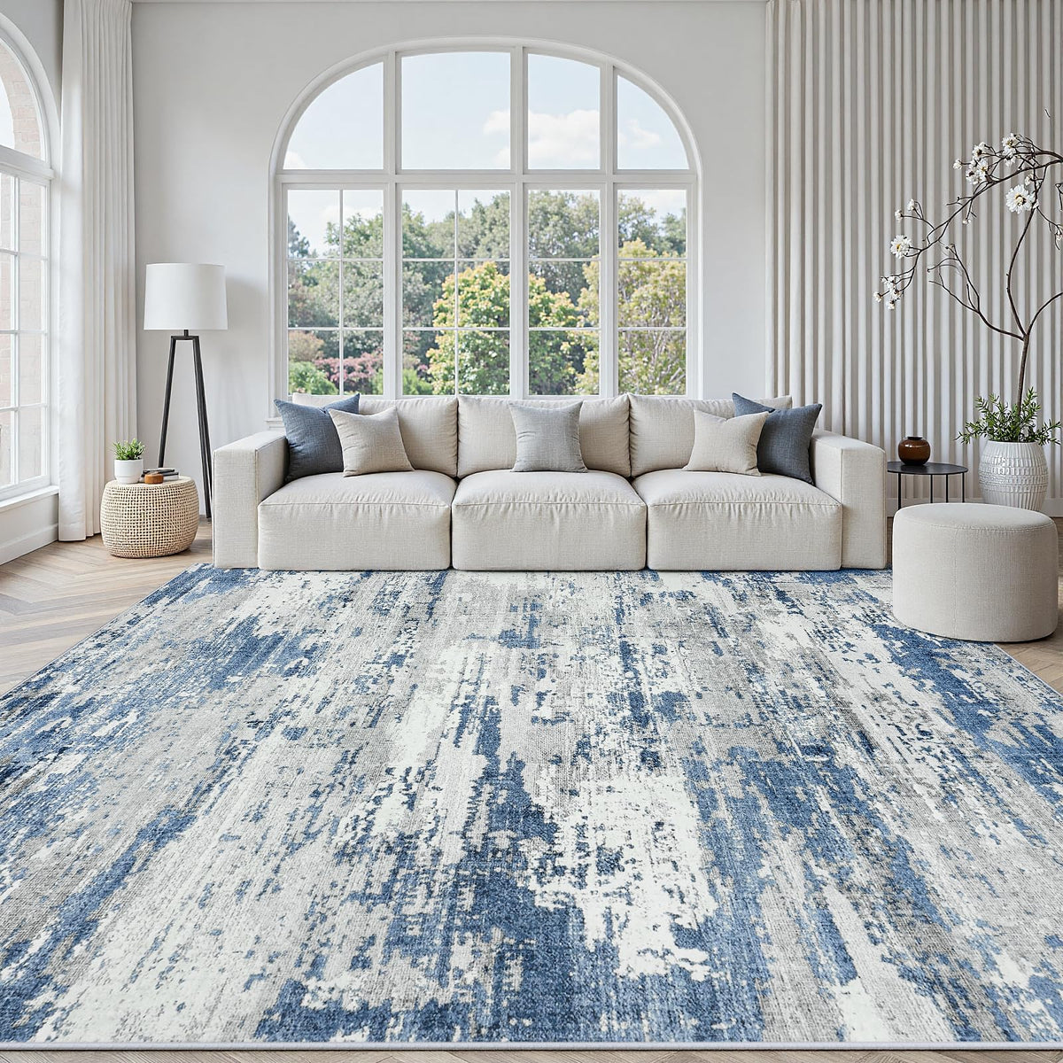 5x7 Area Rugs for Living Room Large Washable Abstract Rug White Gray Blue