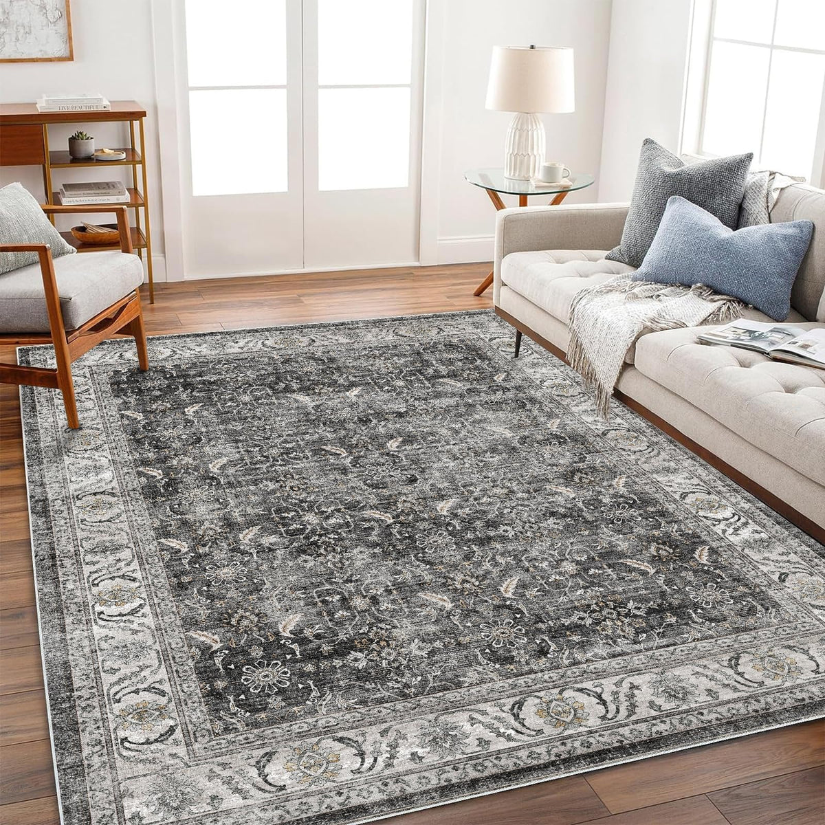 CHAMPLANT Area Rug 4x6 Washable Rug Gray Vintage Traditional Floor Cover Foldable Thin Retro Accent Indoor Distressed Non Slip Carpet Floral Print Mat Bedroom Living Room Bathroom