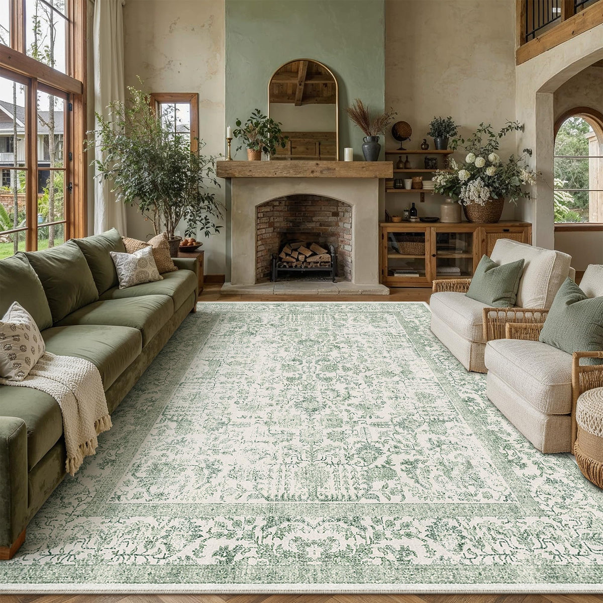 PureCozy Beige Area Rug 5x7 Vintage Farmhouse Floral