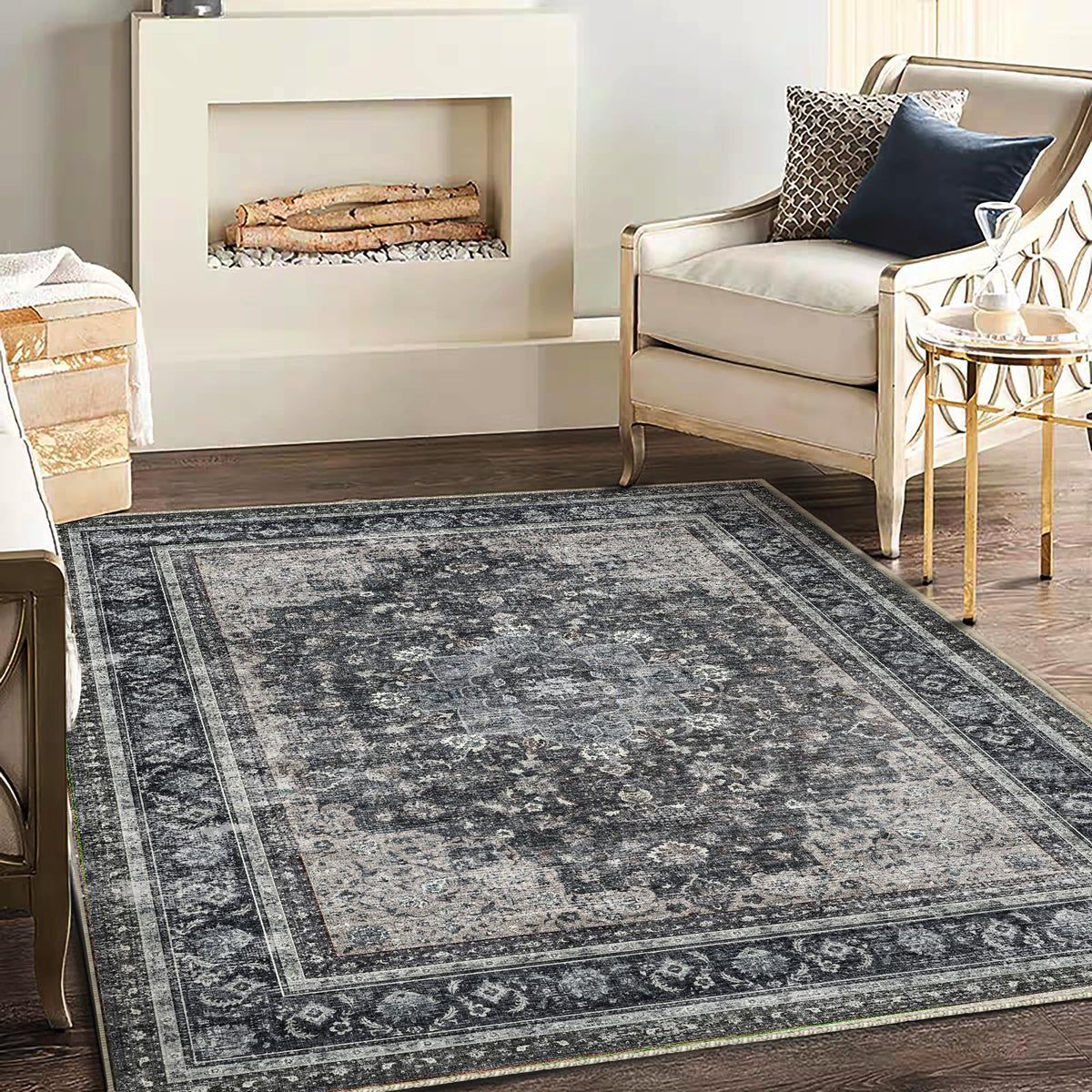 CHAMPLANT Area Rug 4x6 Washable Rug Gray Vintage Traditional Floor Cover Foldable Thin Retro Accent Indoor Distressed Non Slip Carpet Floral Print Mat Bedroom Living Room Bathroom