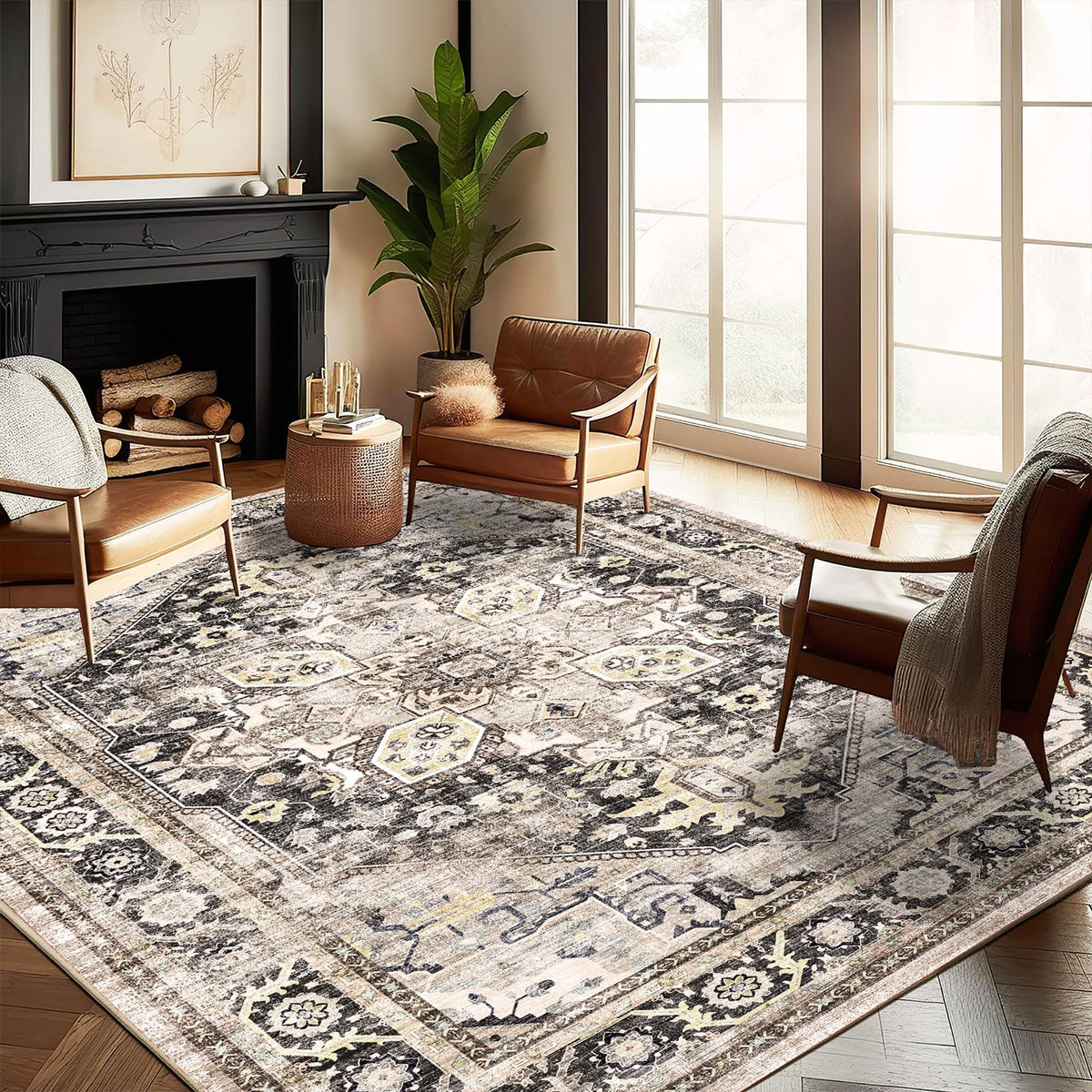 CHAMPLANT Area Rug 4x6 Washable Rug Gray Vintage Traditional Floor Cover Foldable Thin Retro Accent Indoor Distressed Non Slip Carpet Floral Print Mat Bedroom Living Room Bathroom