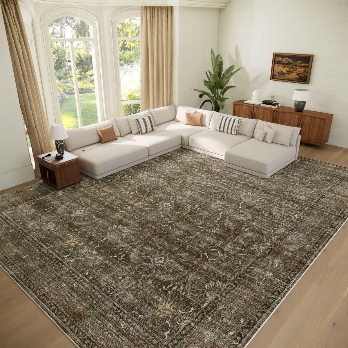 Washable 10x14 Area Rugs for Living Room, Ivory/Sage Gold