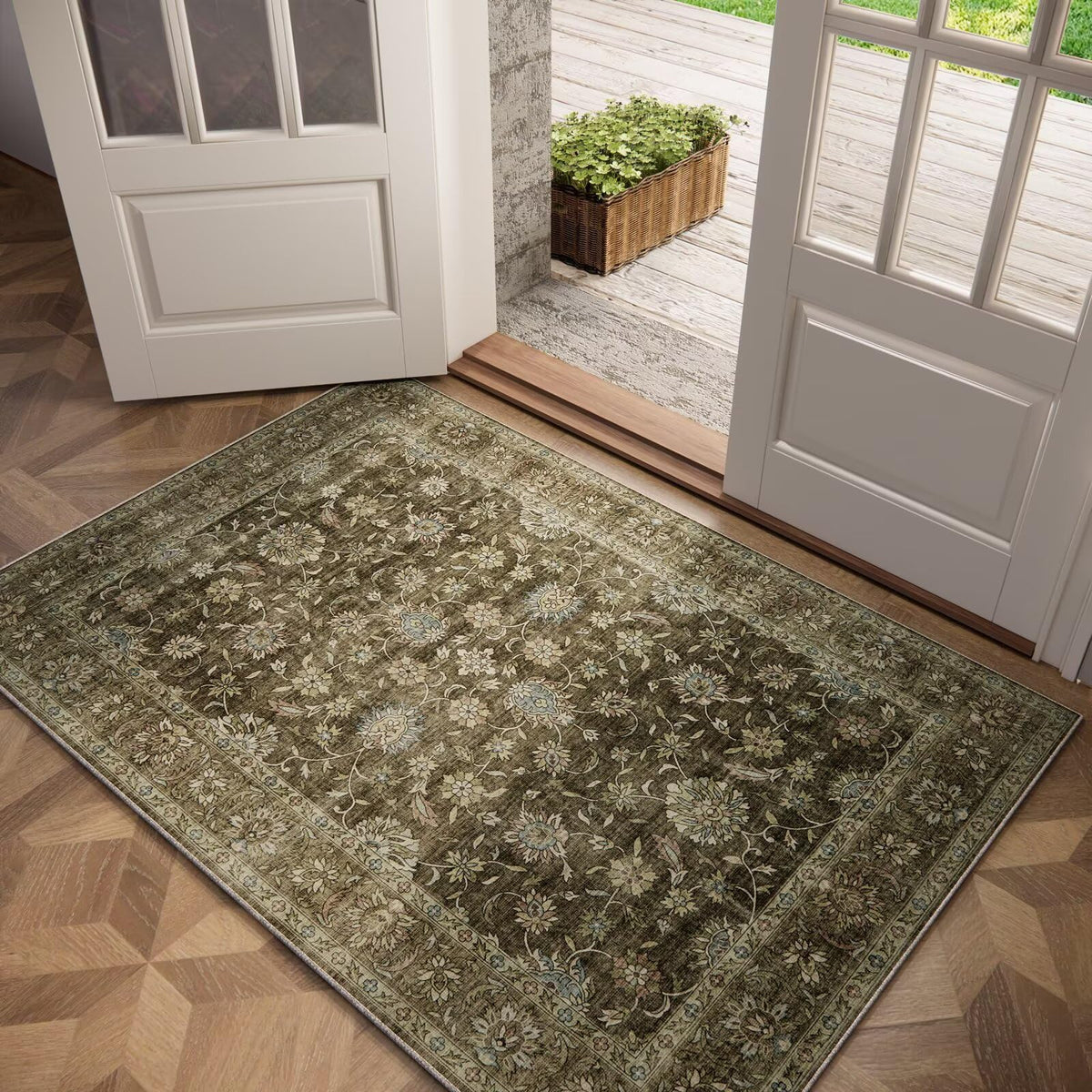 Washable 10x14 Area Rugs for Living Room, Ivory/Sage Gold
