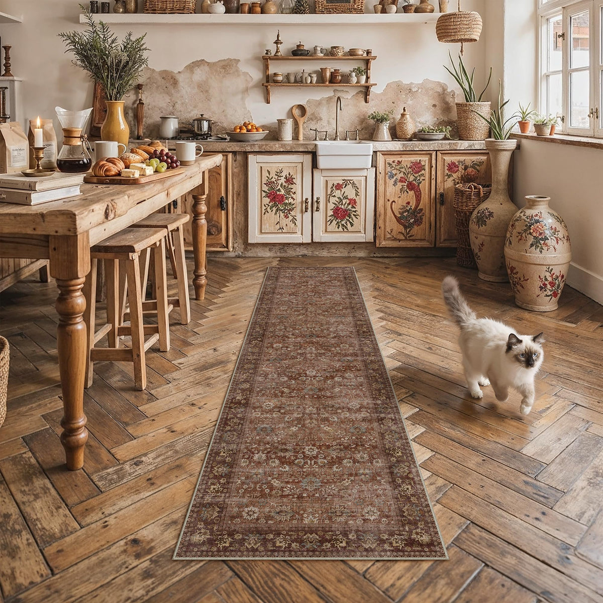 HUGEAR 2x6 Brown Vintage Floral Washable Runner Rug for Hallway