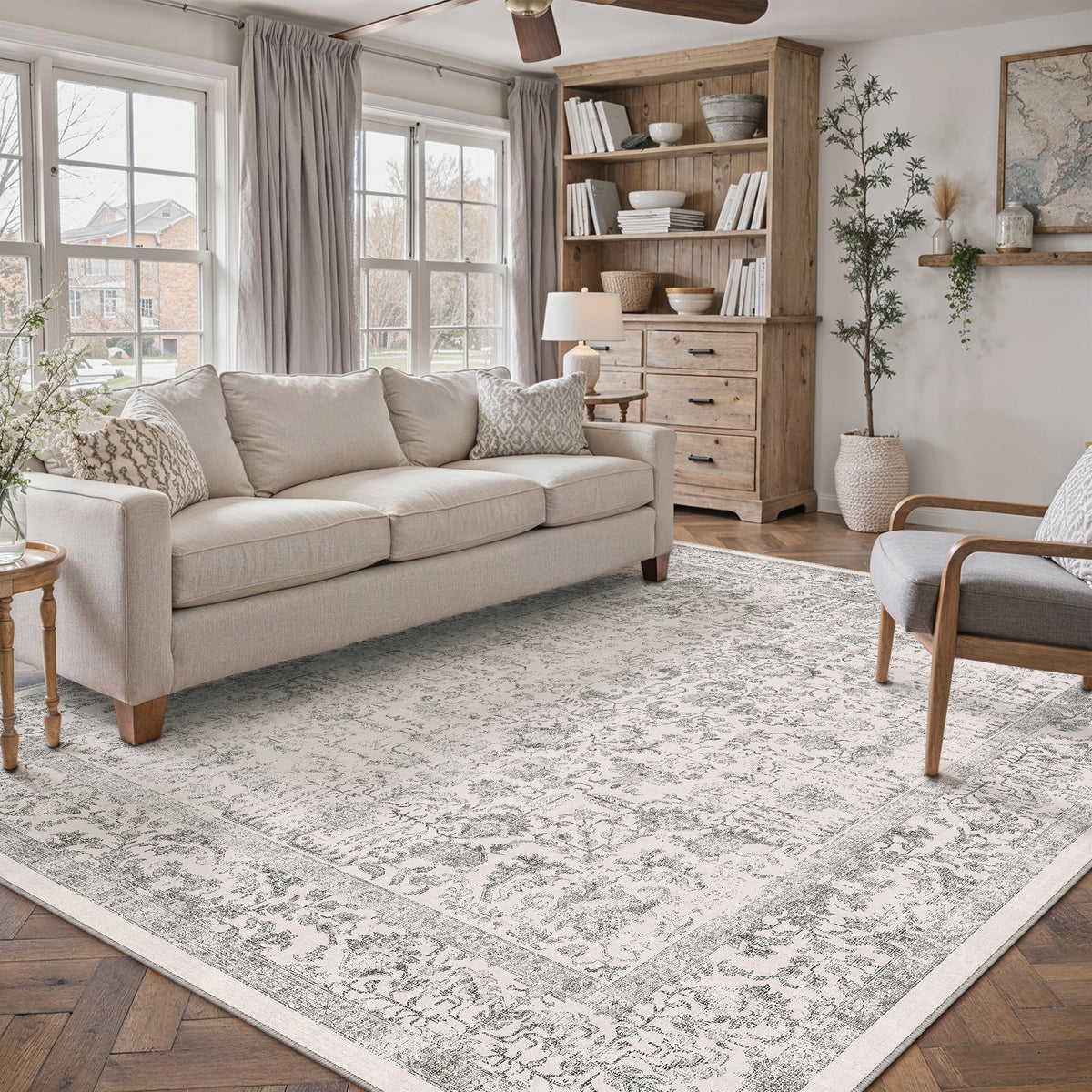 PureCozy Beige Area Rug 5x7 Vintage Farmhouse Floral