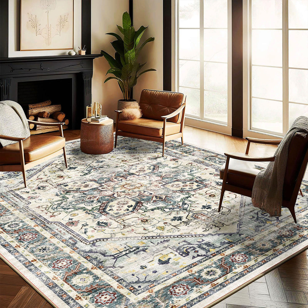 CHAMPLANT Area Rug 4x6 Washable Rug Gray Vintage Traditional Floor Cover Foldable Thin Retro Accent Indoor Distressed Non Slip Carpet Floral Print Mat Bedroom Living Room Bathroom