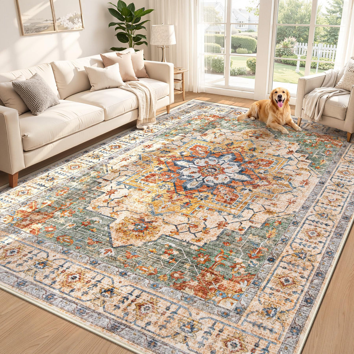 Area Rug 5x7 Vintage Rug: Washable Indoor Medallion Rugs Low Pile Distressed Floor Carpet Retro Accent Rug for Living Room Bedroom Kitchen Dining Table Home Office(Beige, 5'x7')