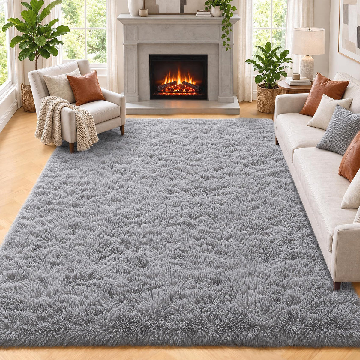 Area Rugs for Bedroom Living Room, 4x6 Fluffy Grey and Black Geometric Rug