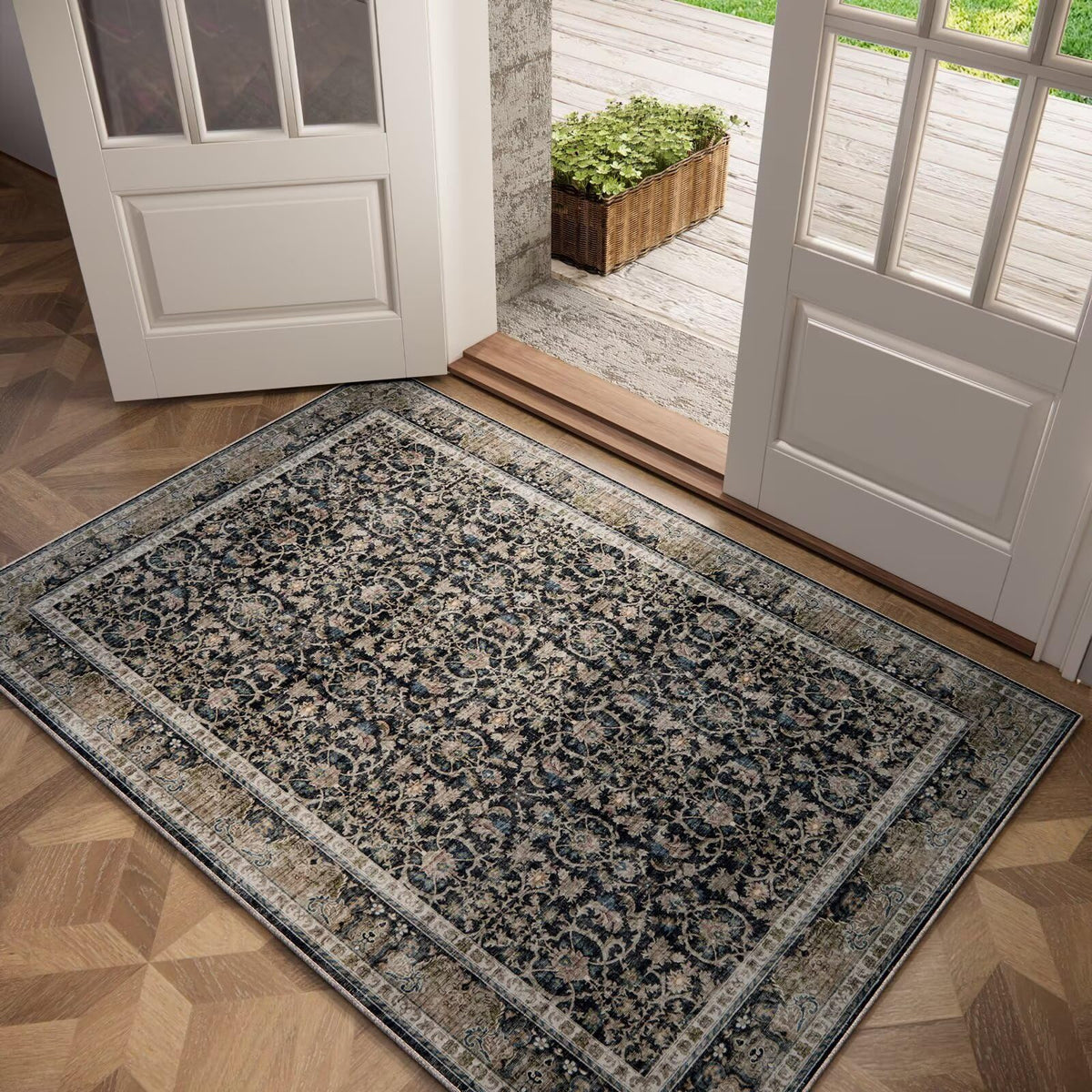 Washable 10x14 Area Rugs for Living Room, Ivory/Sage Gold