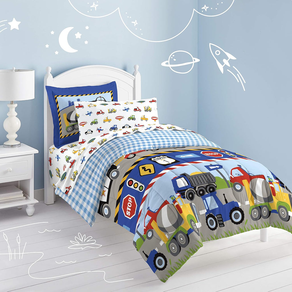 dream FACTORY Trucks Tractors Cars Boys 5-Piece Bedding Kids Construction Comforter Sheet Set, Twin Blue Red Multi