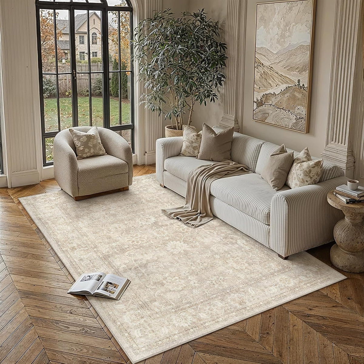 PureCozy 5x7 Beige Area Rug for Living Room Vintage Distressed