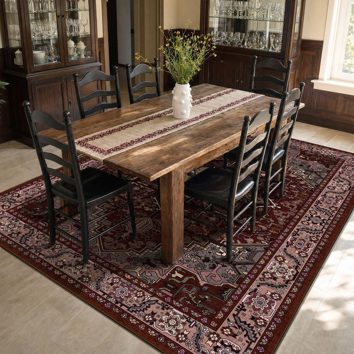 Kokia 9x12 Washable Area Rugs Maroon with Vintage Orient Design, Soft Rug for Living Room or Bedroom, Non-Slip Low Pile Stain Resistance Features, Distressed Medallion Pattern