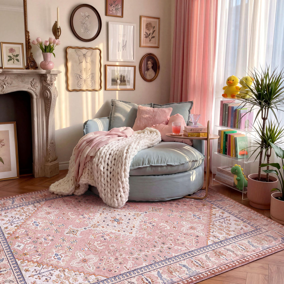 Kokia 9x12 Washable Area Rugs Maroon with Vintage Orient Design, Soft Rug for Living Room or Bedroom, Non-Slip Low Pile Stain Resistance Features, Distressed Medallion Pattern