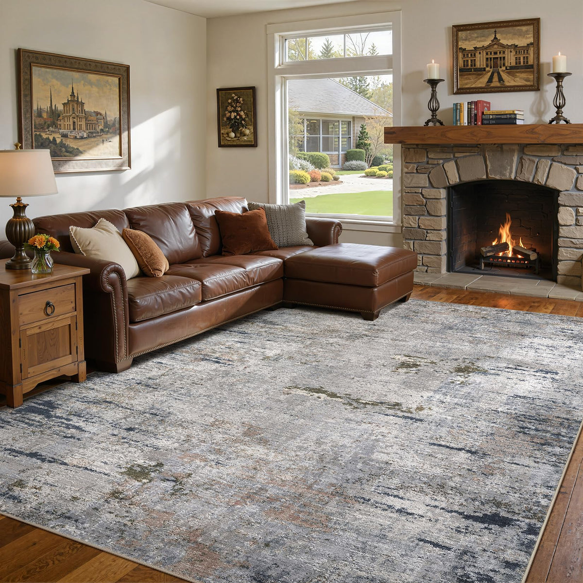 DMOYEST Area Rug Living Room Rugs 5x7 Washable Abstract Beige Blue Carpet