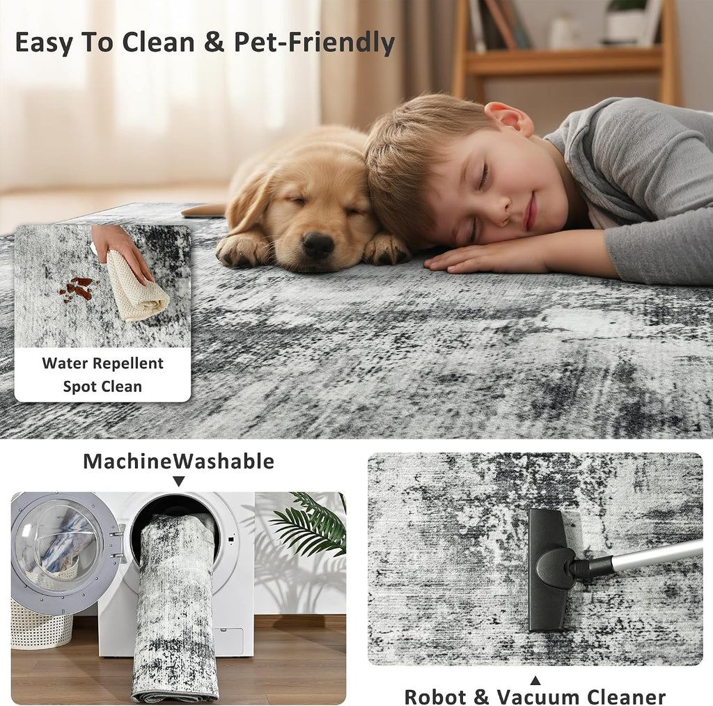 Merelax Washable Area Rugs 5'x8' Grey Abstract Rug for Living Room Bedroom Entryway Nursery, Dining Room and Farmhouse Rug, Non-Slip Modern Indoor Low Pile Soft Floor Carpet, Gray Print Pattern