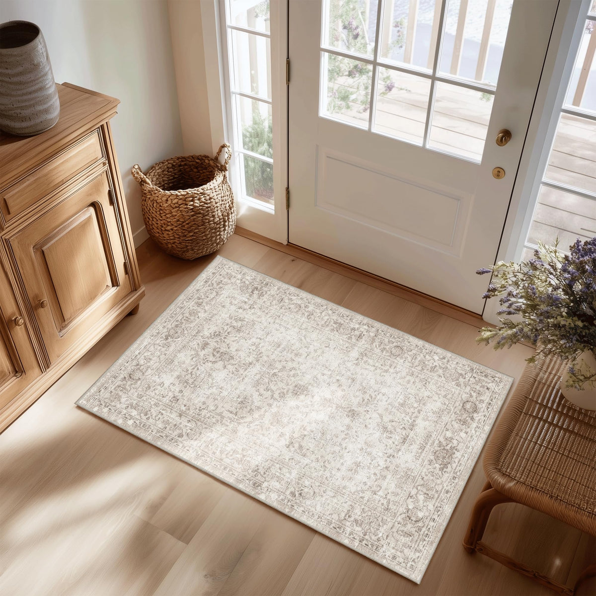FMFUNCTEX 5x7 Washable Beige Neutral Vintage Retro Area Rug for Living Room