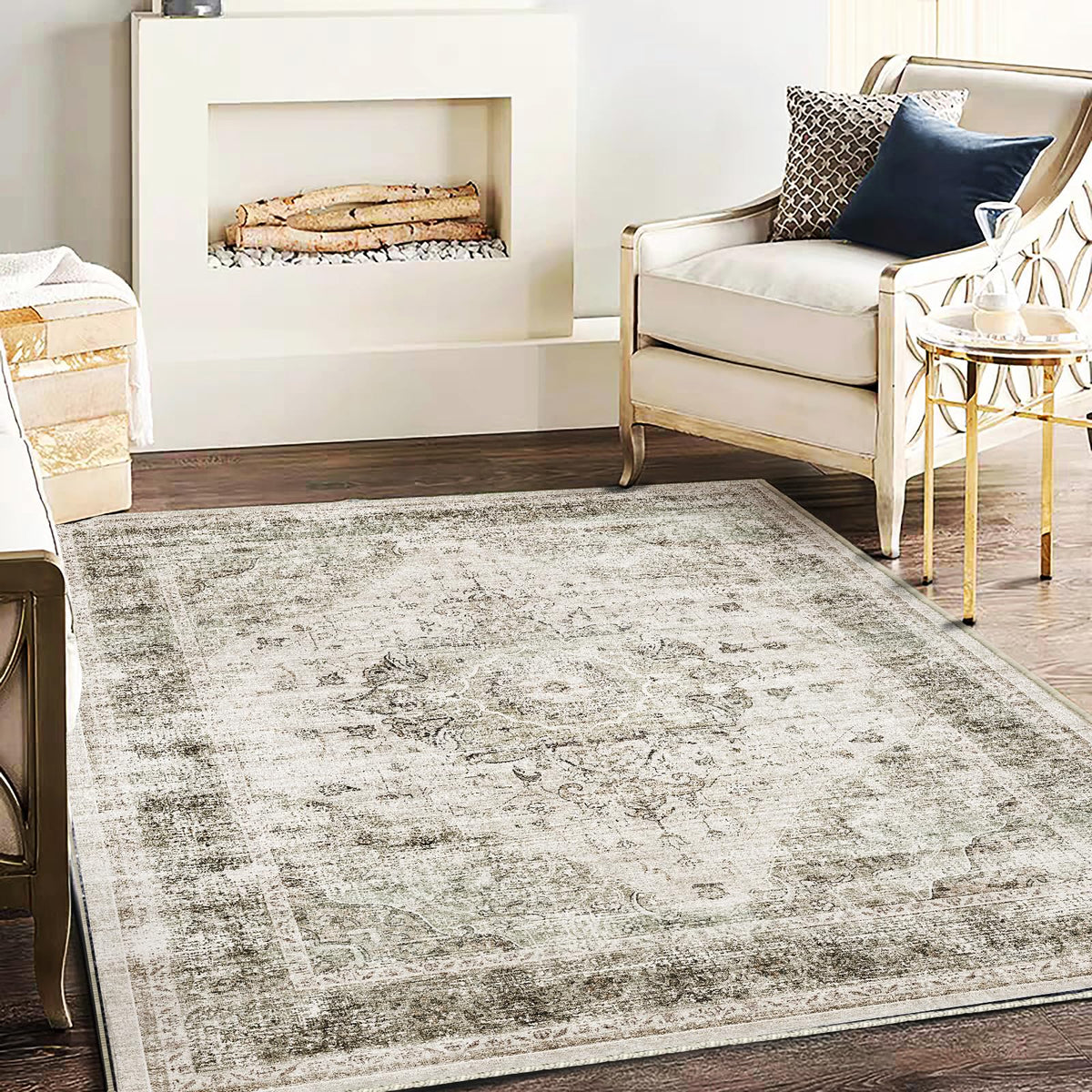 CHAMPLANT Area Rug 4x6 Washable Rug Gray Vintage Traditional Floor Cover Foldable Thin Retro Accent Indoor Distressed Non Slip Carpet Floral Print Mat Bedroom Living Room Bathroom