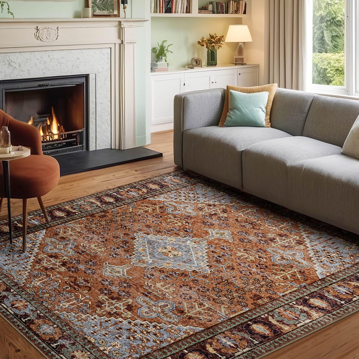 Kokia 9x12 Washable Area Rugs Maroon with Vintage Orient Design, Soft Rug for Living Room or Bedroom, Non-Slip Low Pile Stain Resistance Features, Distressed Medallion Pattern