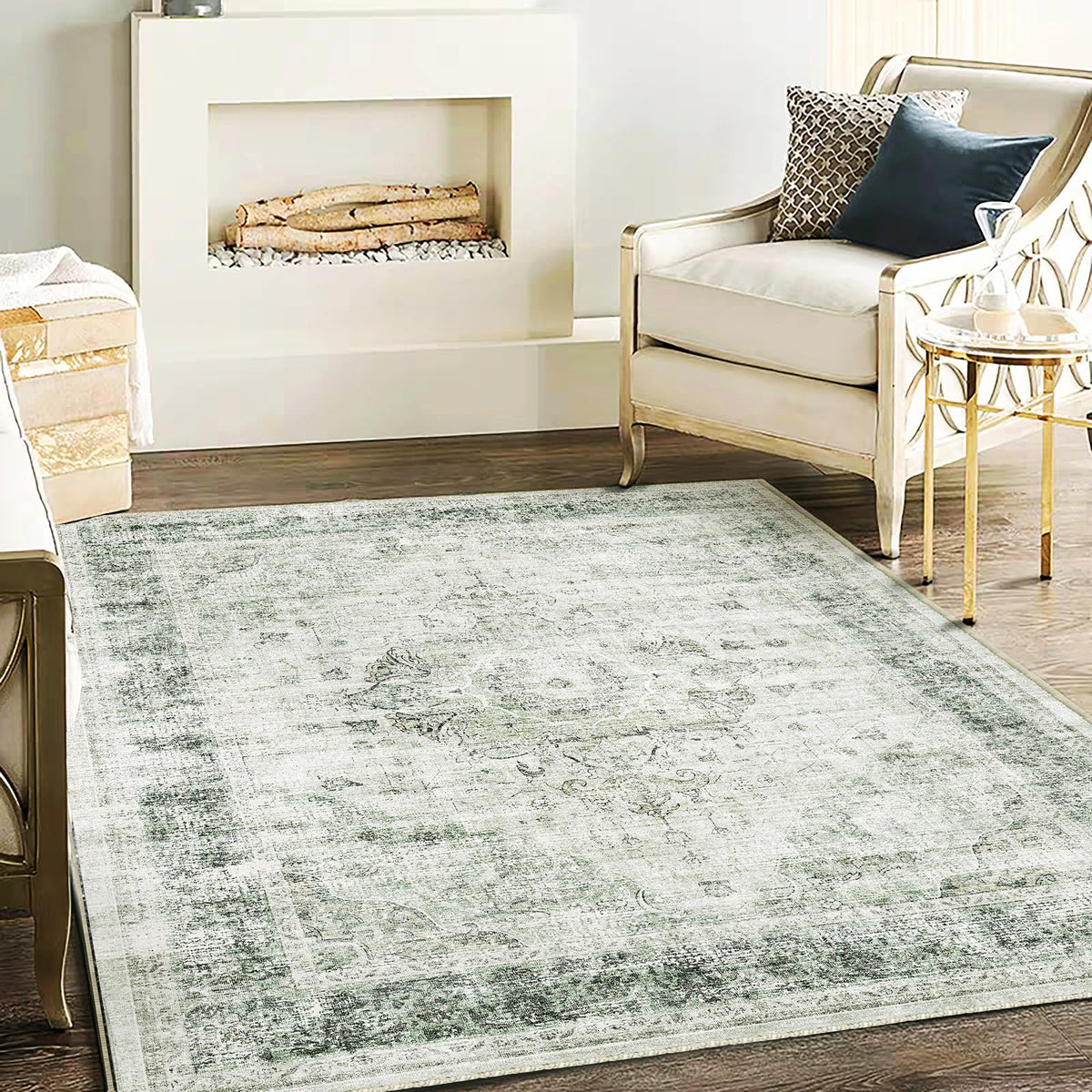 CHAMPLANT Area Rug 4x6 Washable Rug Gray Vintage Traditional Floor Cover Foldable Thin Retro Accent Indoor Distressed Non Slip Carpet Floral Print Mat Bedroom Living Room Bathroom
