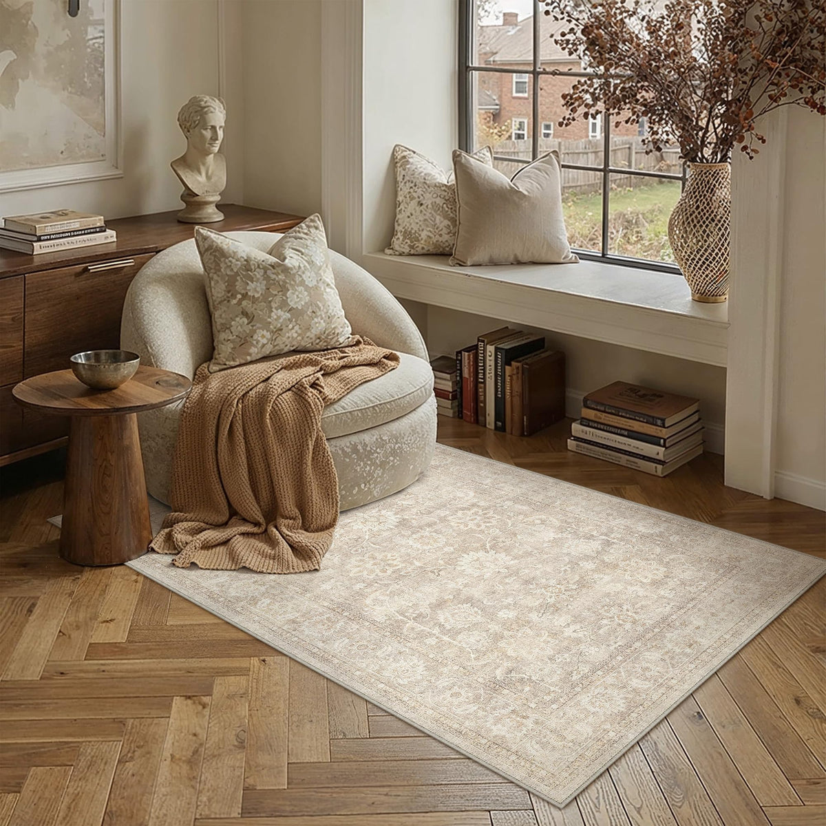 PureCozy 5x7 Beige Area Rug for Living Room Vintage Distressed