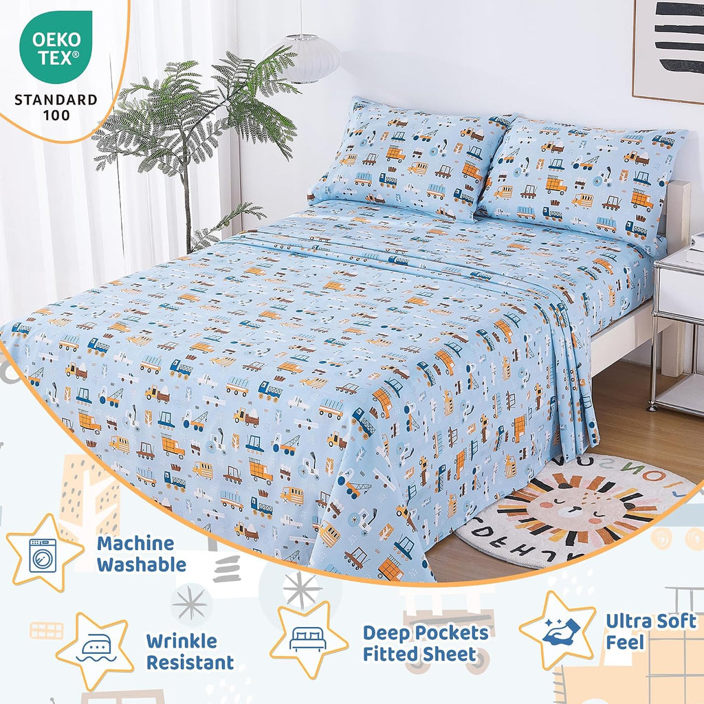 Viviland 3 Pieces Boys Blue Truck Twin Sheet Set - Soft Microfiber Fitted Flat Sheets & Pillowcase - Construction Truck Bedding Sets - for Kids & Toddlers