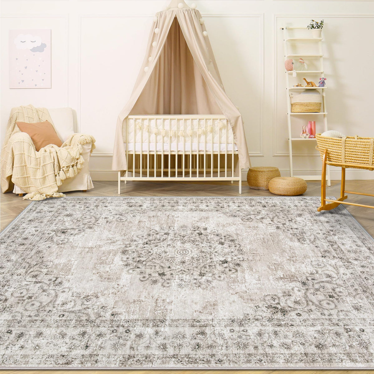 Area Rug 5x7 Vintage Rug: Washable Indoor Medallion Rugs Low Pile Distressed Floor Carpet Retro Accent Rug for Living Room Bedroom Kitchen Dining Table Home Office(Beige, 5'x7')