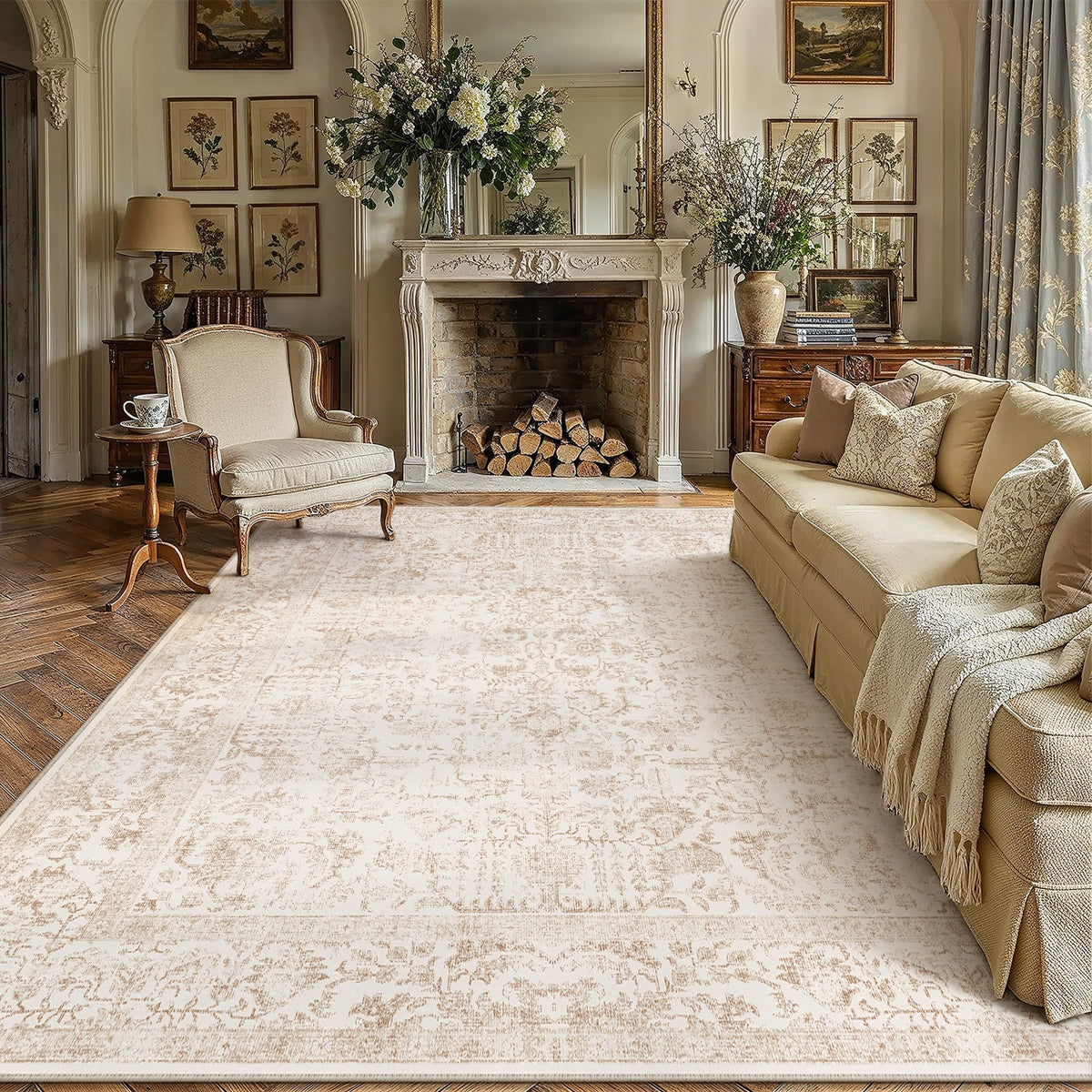 PureCozy Beige Area Rug 5x7 Vintage Farmhouse Floral