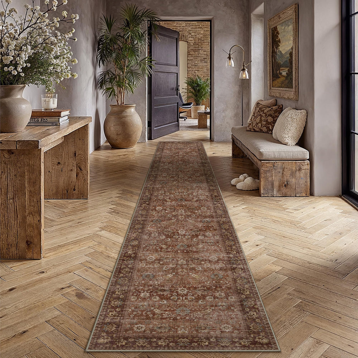 HUGEAR 2x6 Brown Vintage Floral Washable Runner Rug for Hallway