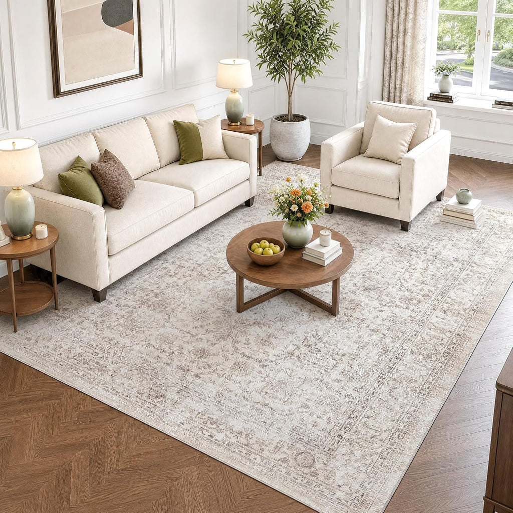 FMFUNCTEX 5x7 Washable Beige Neutral Vintage Retro Area Rug for Living Room
