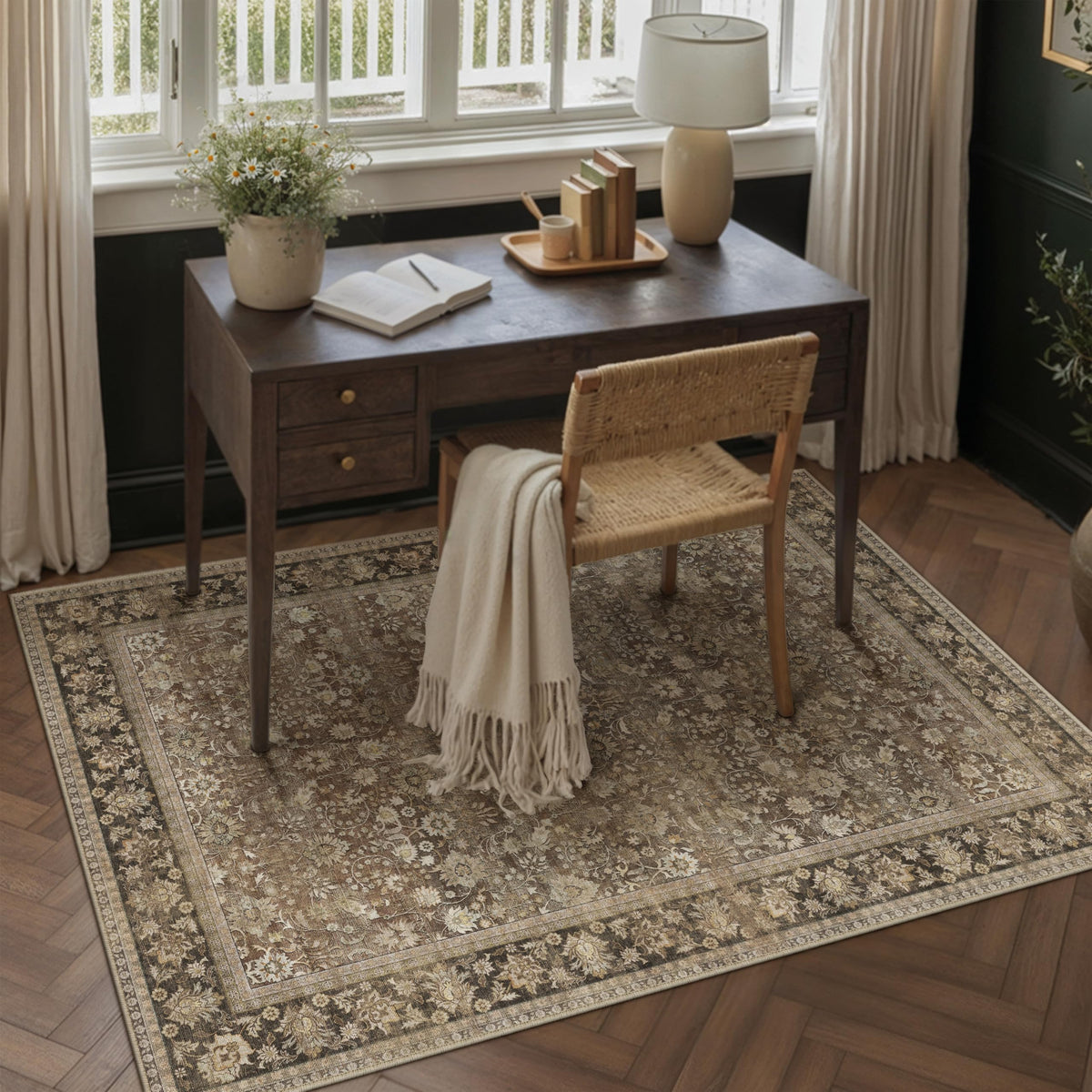 HUGEAR 2x6 Brown Vintage Floral Washable Runner Rug for Hallway