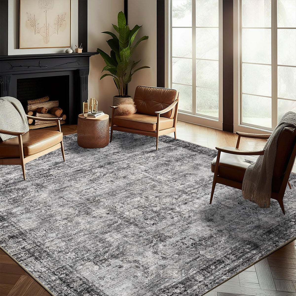 CHAMPLANT Area Rug 4x6 Washable Rug Gray Vintage Traditional Floor Cover Foldable Thin Retro Accent Indoor Distressed Non Slip Carpet Floral Print Mat Bedroom Living Room Bathroom