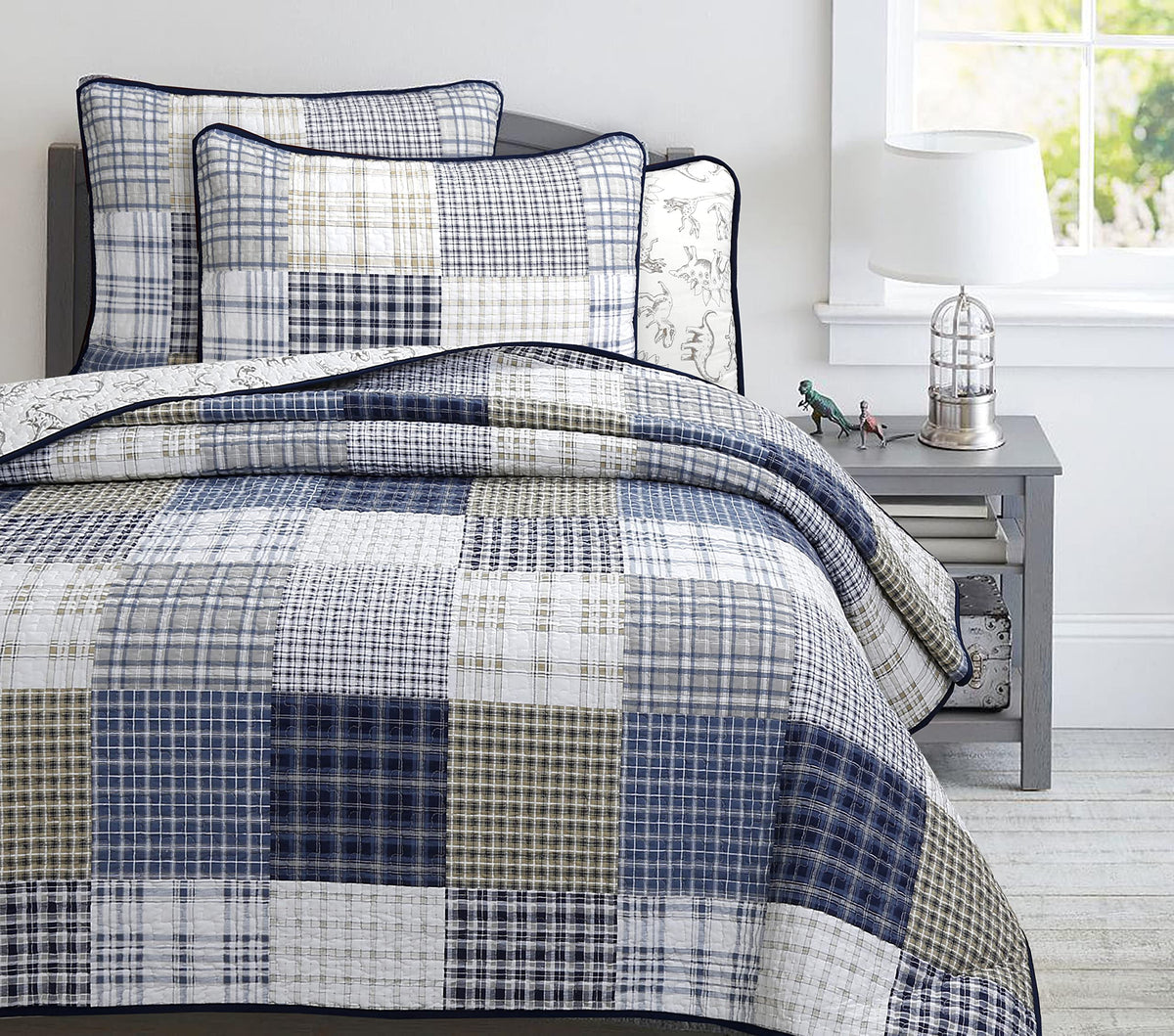Cozy Line Home Fashions Benjamin Cute Dinosaur Plaid Navy Blue White Grey Bedding Quilt Set 100% Cotton Reversible Coverlet Bedspread Set for Kids Boy(Twin - 2 piece)